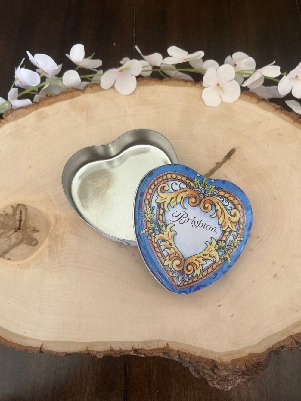Brighton Heart-Shaped Tin Box Blue Gold Scroll Design Jewelry Storage Lot of 2